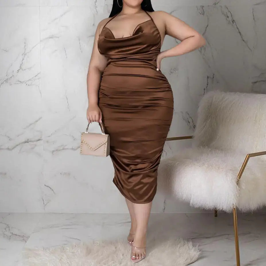 Plus Size Sleeveless Satin Midi Dress